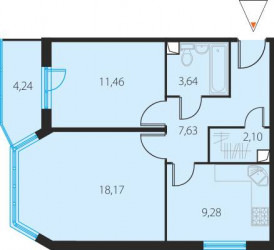 Двухкомнатная квартира 53.55 м²