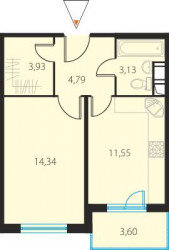 Однокомнатная квартира 38.82 м²