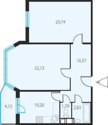 Двухкомнатная квартира 69.4 м²