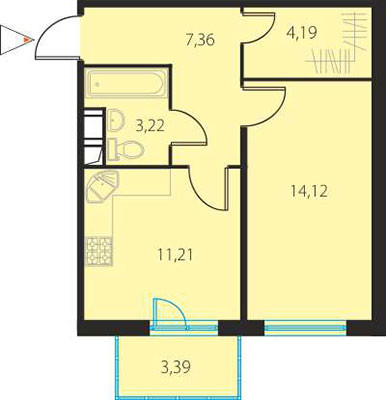 Однокомнатная квартира 41.11 м²