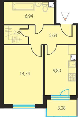 Однокомнатная квартира 40.92 м²