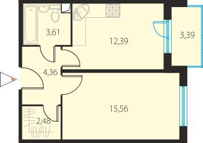 Однокомнатная квартира 39.58 м²