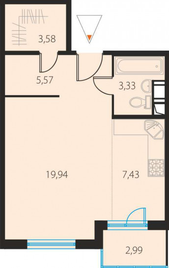 Студия 40.74 м²